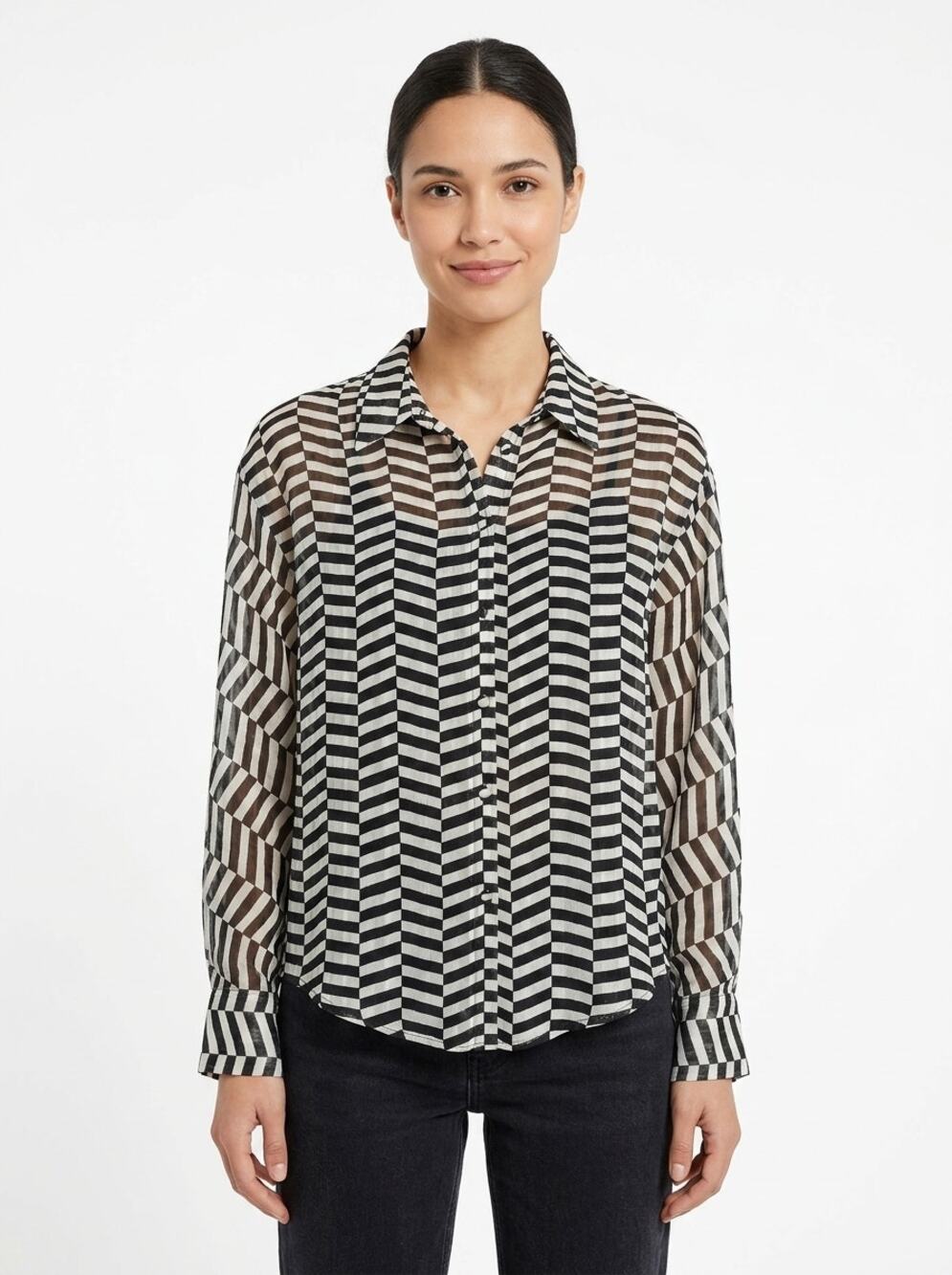 Zara Black Collared Chiffon Geometric Lightweight Blouse Women Size M